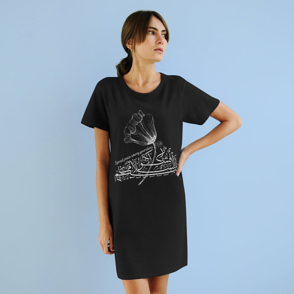 Organic T-Shirt Dress (The Peace Spreader, Flower Design) - Levant 2 Australia