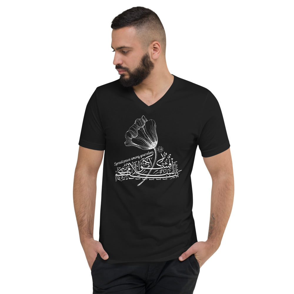 Unisex Short Sleeve V-Neck T-Shirt (The Peace Spreader, Flower Design) (Double-Sided Print)