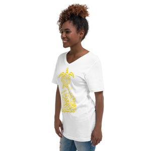 Unisex Short Sleeve V-Neck T-Shirt (Ditch Plastic! - Turtle Design) (Double-Sided Print)