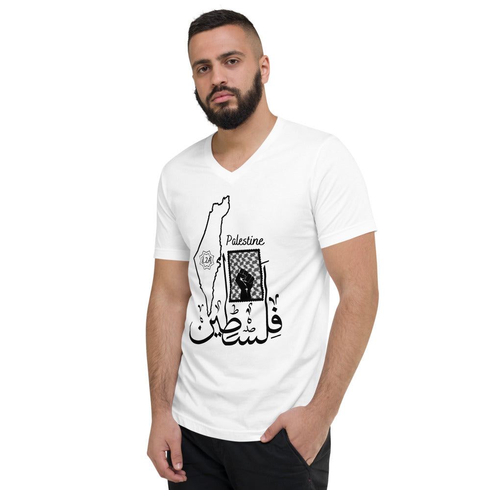 Unisex Short Sleeve V-Neck T-Shirt (Palestine Design) (Double-Sided Print)